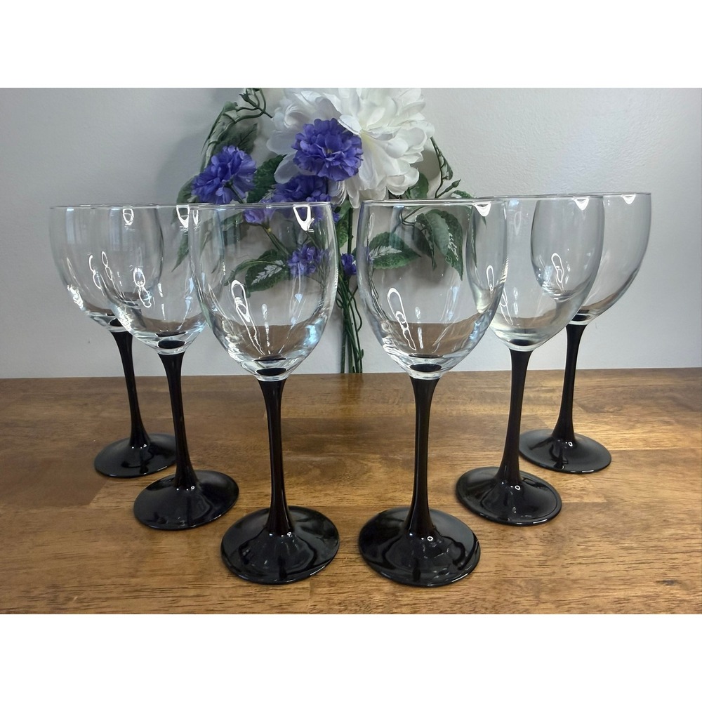 Luminarc France Black Stem Wine Glasses Set French Barware‎ Clear Bowl Vintage